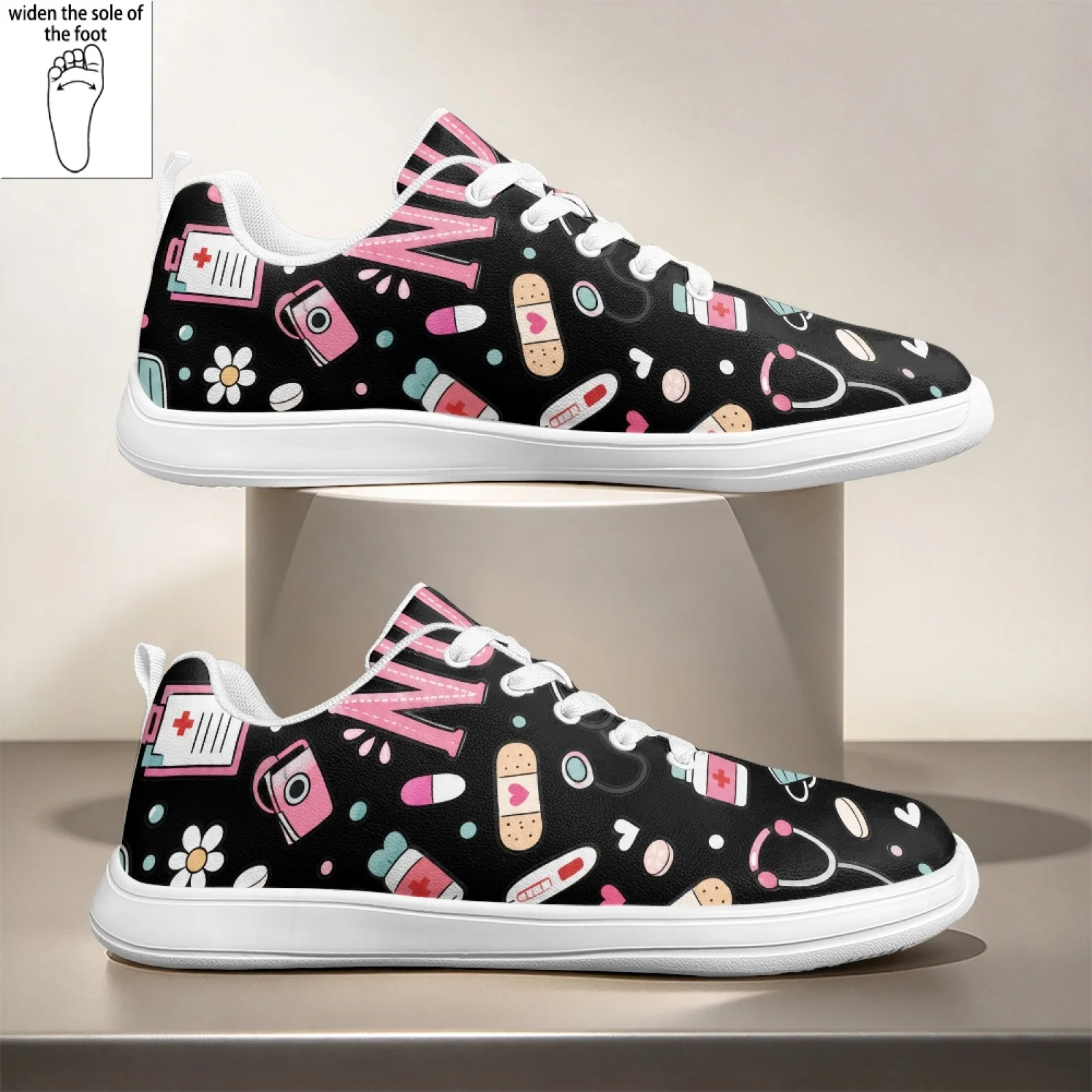 PENSTROLL Medical Element Print Closed Toe Wide Width Walking Sneakers Nurse Shoes for Women Standing Hospital