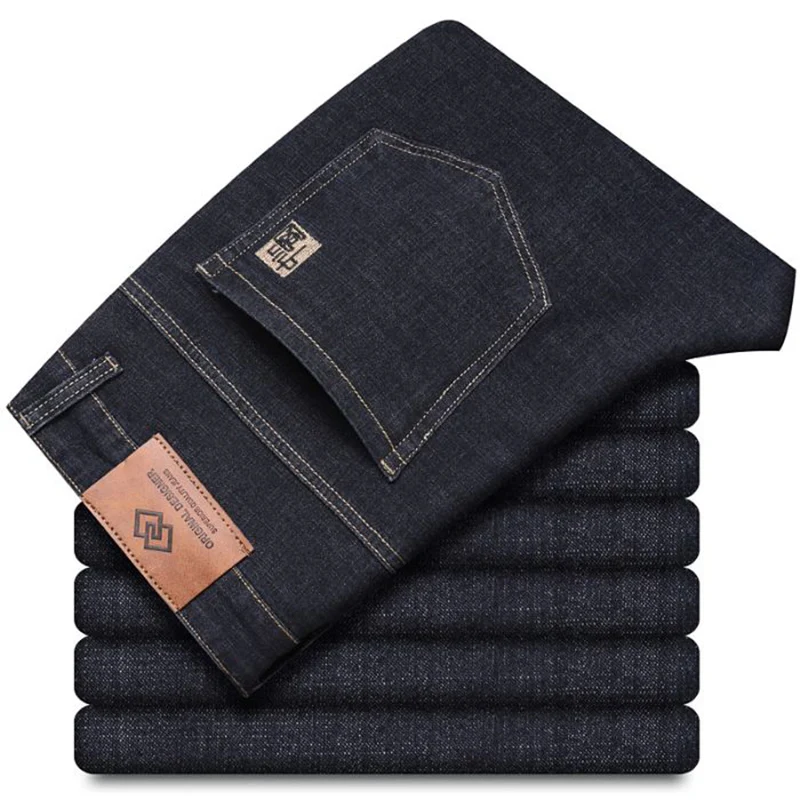 

Men Spring Autumn Slim Fit Straight Leg Stretch Jeans Business Casual Classic Style Denim Trousers Male Black Blue Pants
