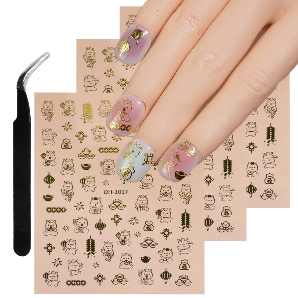 1/5/10pcs Gold Foil Lucky Cat Nail Stickers Chinese New Year Festival Nail Decals for Women DIY Manicure Decorations Supplies