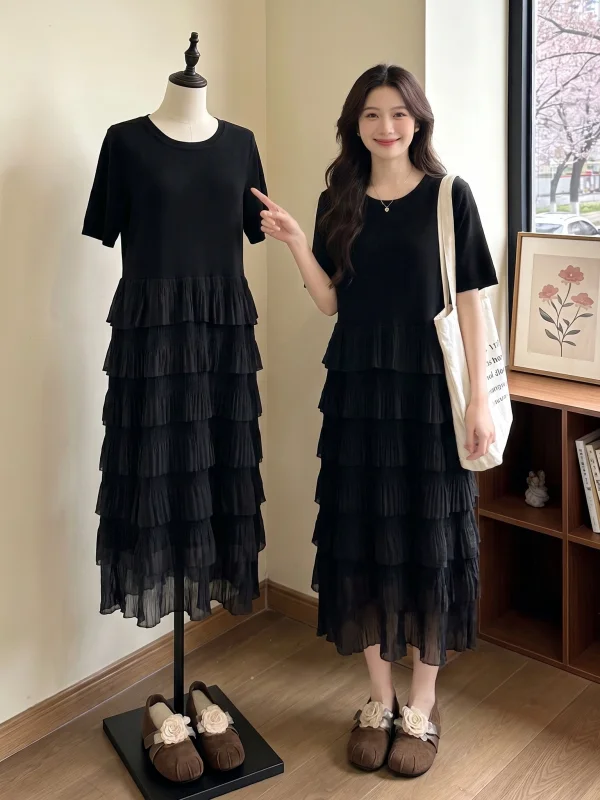 

Elegant Black Shoulder-Length T-Shirt Dress Summer New Style plus Size Cake Skirt Hemline Korean Style Polyester Fiber Dress
