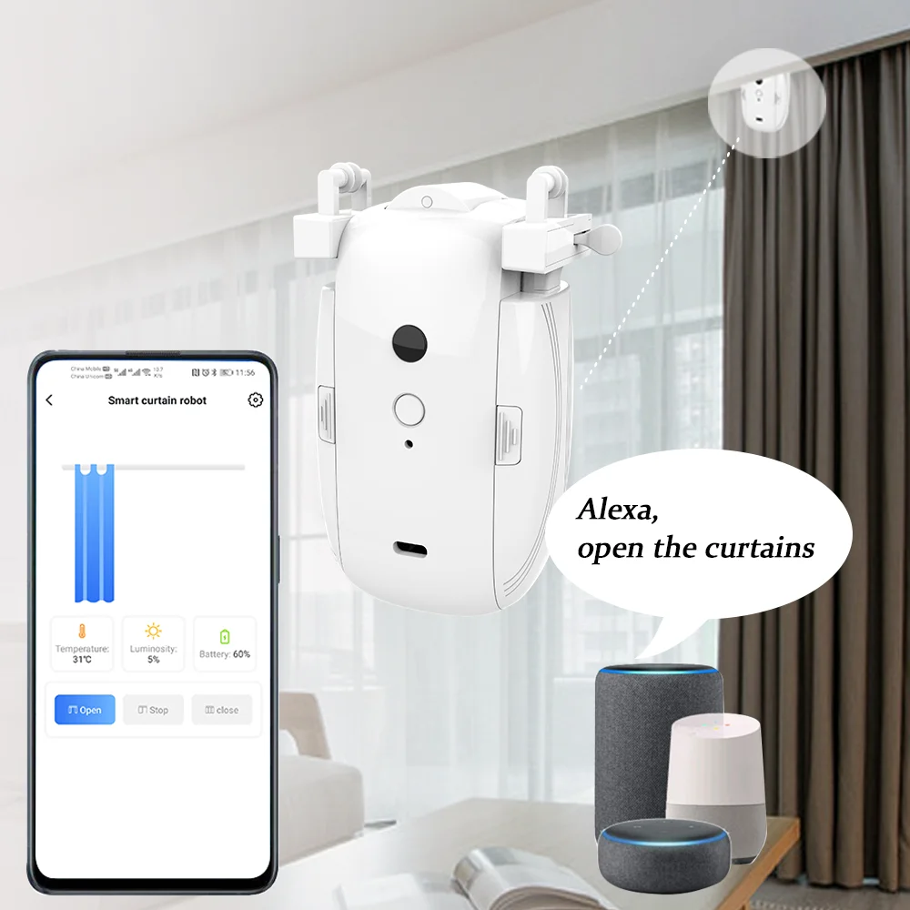 1/2pcs Smart WiFi Curtain Robot with Wi-Fi Gateway, APP Remote Control,  Automatic Opening Hand Pull Start，Compatible with Alexa