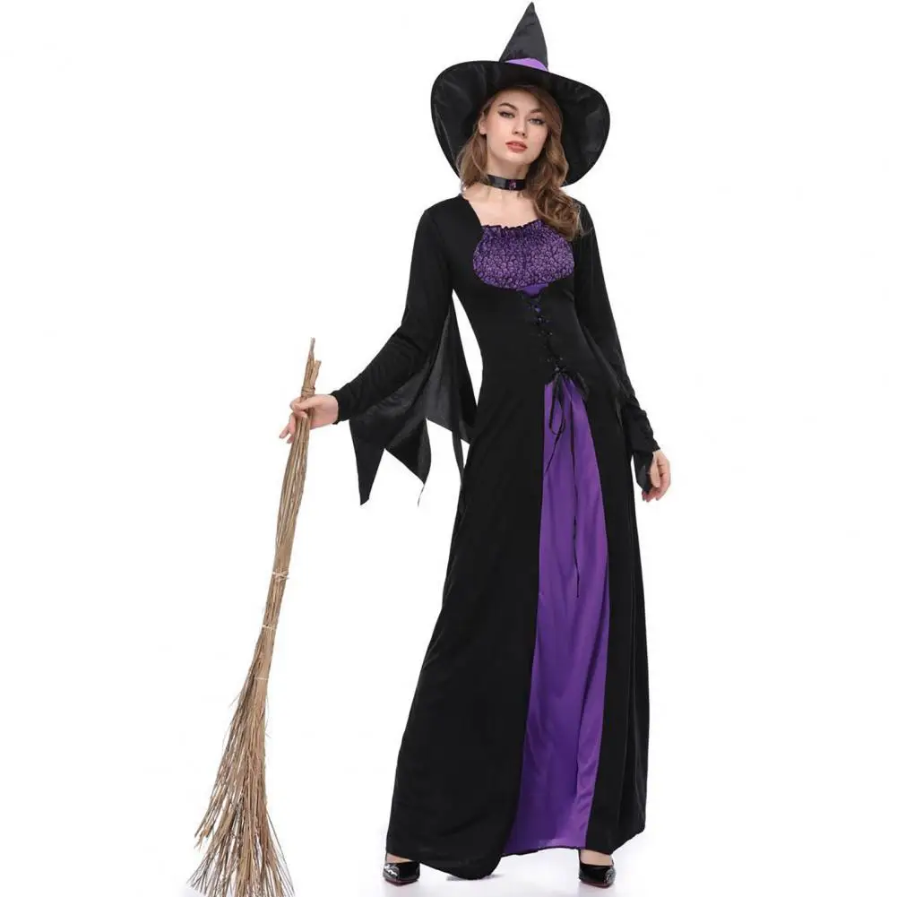 Purple Black Witch Costume Witch Halloween Costume Set with Dark Purple Dress Hat Collar Style Lace-up Robe for Women for Witch