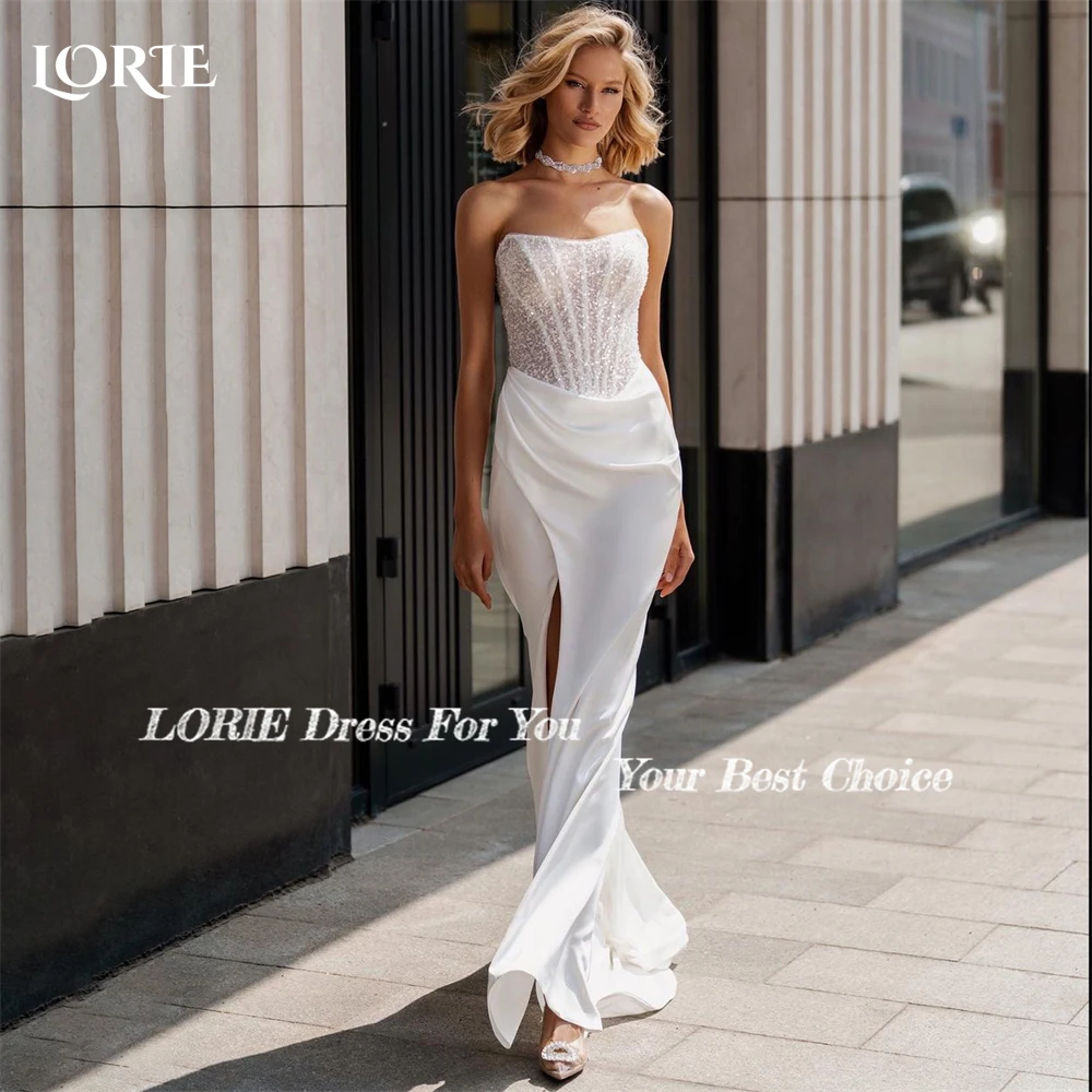 Lorie Luxe Glitter Zeemeermin Trouwjurken Off Shoulder Kant Sexy Side Split Bruidsjurken Backless Sprankelende Plooien Bruid Jurk