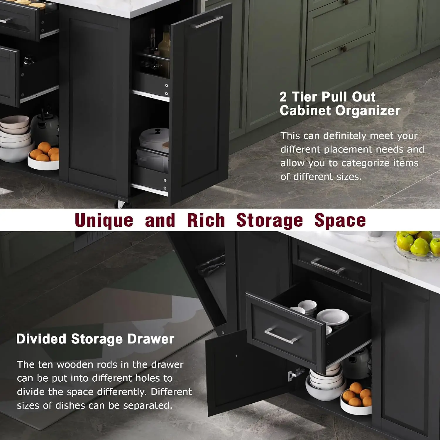 Kitchen Island Cabinet Marble Top Cart Wheels Drop Leaf Spice Towel Rack Shelf Trash Storage Dining Room, Customized image 5