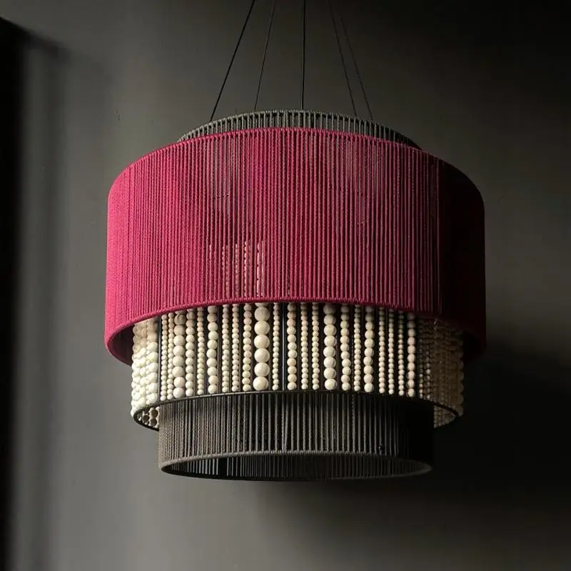 Colorful tassel woven LED pendant light artistic decoration solid wood beads living room bedroom pendant light famous guest