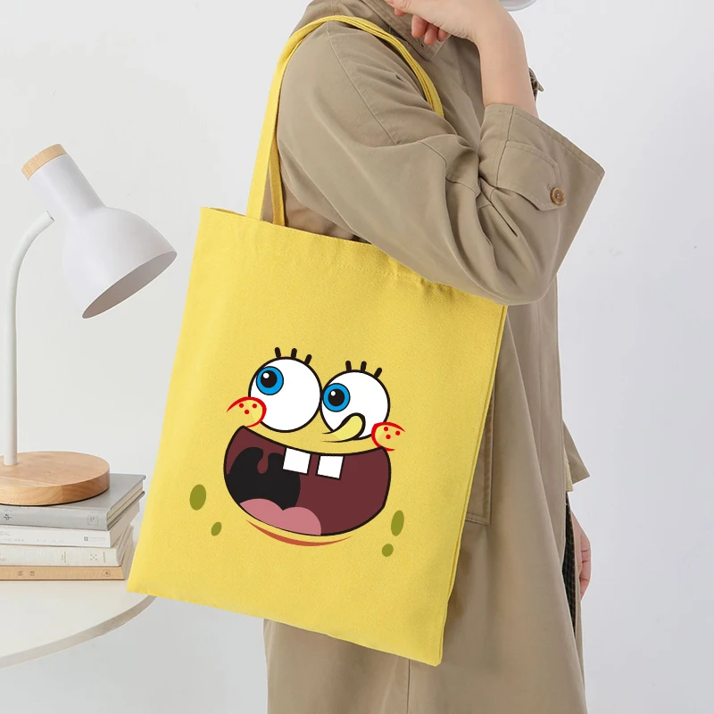 

SpongeBobs Canvas Bag Cartoon Expression Tote Bags Women Men Shopping Shoulder Bag Children Reusable Boys Girls Portable Handbag