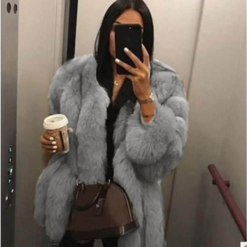 

2025 Autumn Winter Female Fashion Medium Long Styles Faux Fur Jacket Women Loose Casual Round Neck Cardigan Long Sleeve Coats