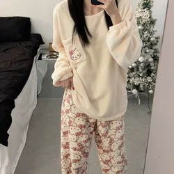 Sanrio Hello Kitty pajamas winter new thickened velvet cartoon casual two-piece set flannel women's pajamas loungewear set