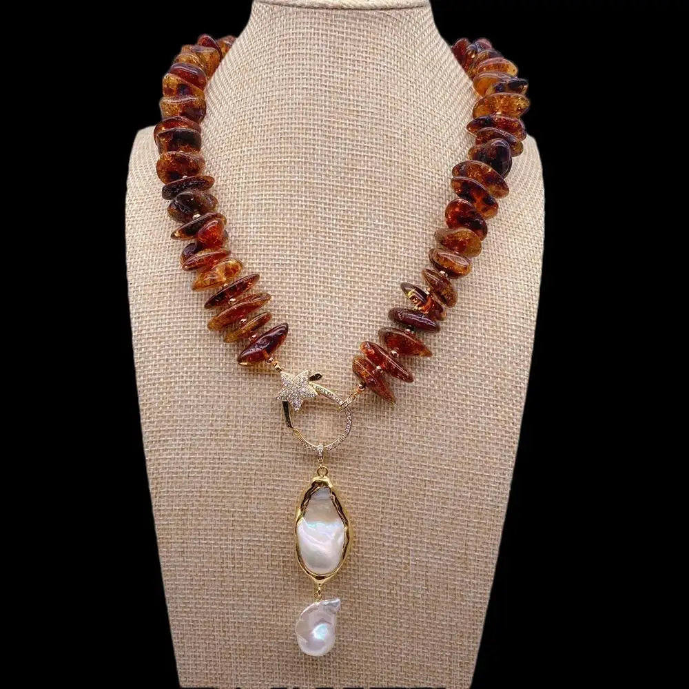 Y·YING Natural Amber Necklace Cultured White Baroque Pearl Pendant