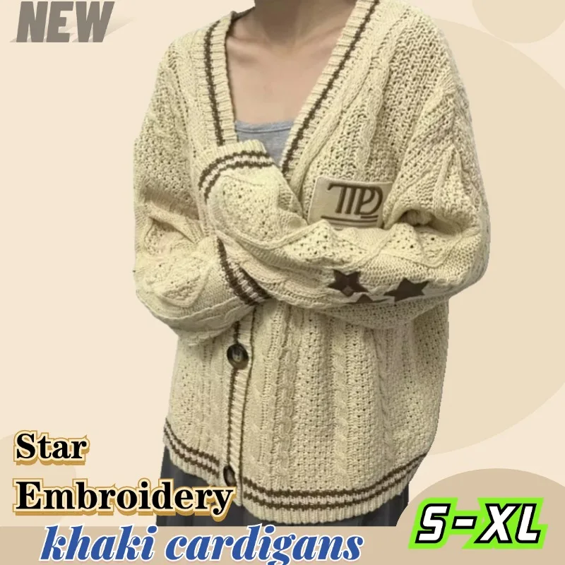 

Women Holiday Loose Fit V-neck Oversized Sweater Top Khaki Cardigans with Star Embroidered Female Winter Autumn Knitted Cardigan