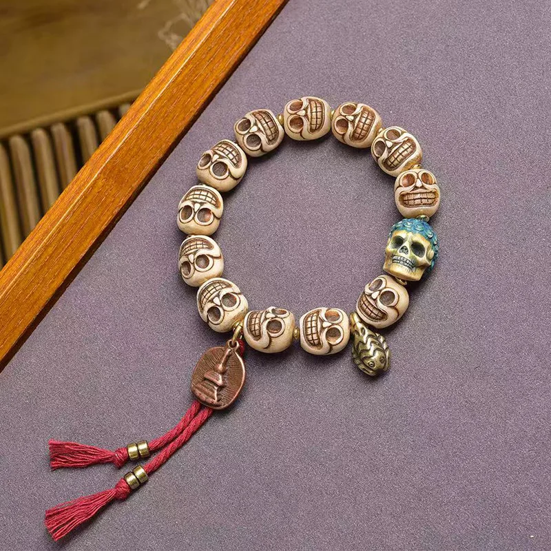 Tibetan-style vintage bone-carved bracelet with Buddhist beads, Kintsuke Shitara, copper clasp, and accessories