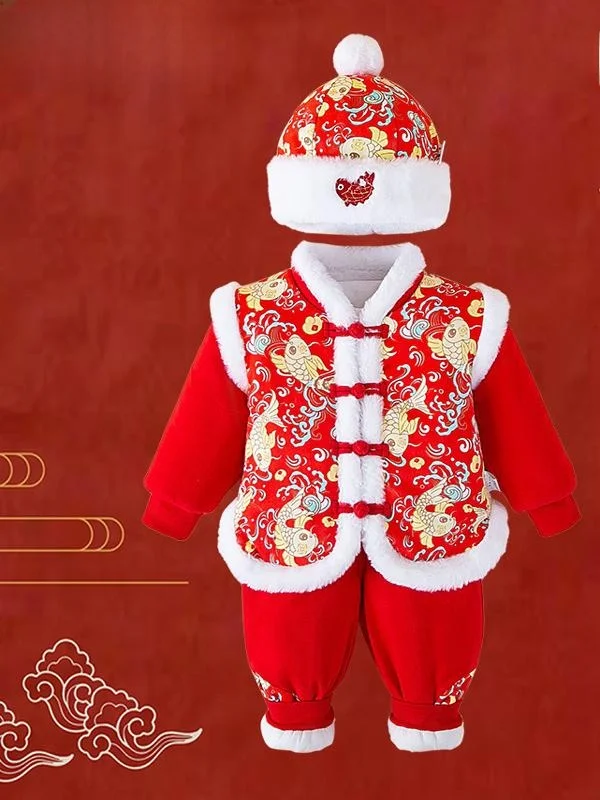 

Зимний новогодний комплект для малышей: хлопковый жилет и штаны, двухкомпонентный набор, праздничная одежда для годовалого ребенка