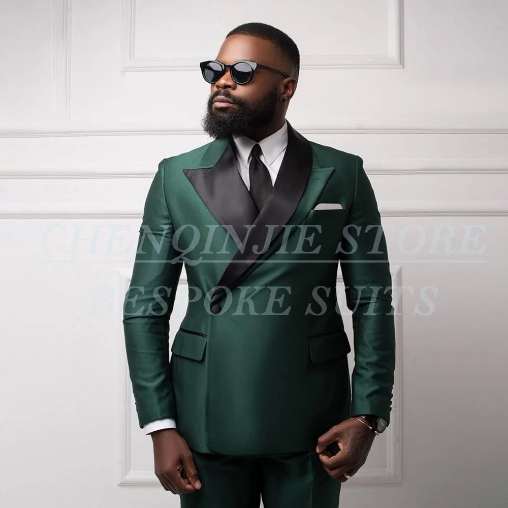 

Customized Made Green Men's Suits 2 Piece Jacket Pants Sets Fashion One-Button Peak Lapel Slim Fit Male Clothing Costume Homme
