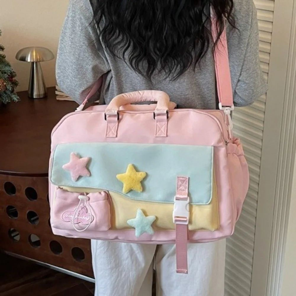 Cute Large Capacity Macaron Color Travel Duffle Bag Portable Star Crossbody Bag Multi-pocket Polyester Gym Shoulder Bag Student