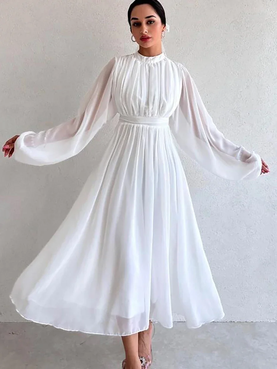 Beautiful Women\'s Dress Half High Collar Pleated Dresses with Long Sleeve Slim Elegant Black Chiffon Dress for Women 2024 Summer