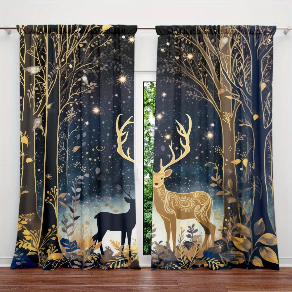 2pcs Dream Deer Style Printed Curtain for Home Decor - Rod Pocket Window Treatment for Bedroom, Office, Kitchen and Living Room