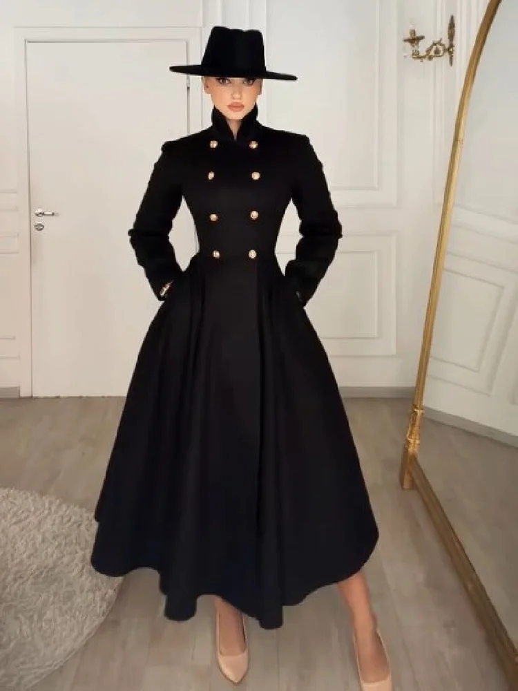 Women Elegant A-line Black Long Coat Stand Collar Double Breasted Waist Slim Overcoat Winter NEW Fashion Evening Party Outfit