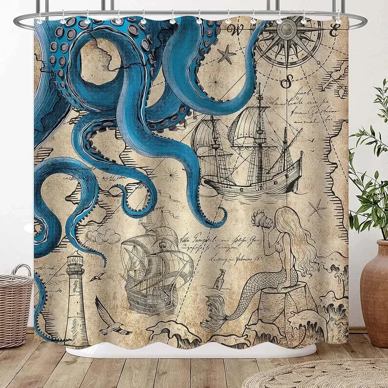 Funny Octopus Shower Curtains Marine Animal Mermaid Sailboat Vintage Nautical Map Bath Curtain Fabric Bathroom Decor with Hooks