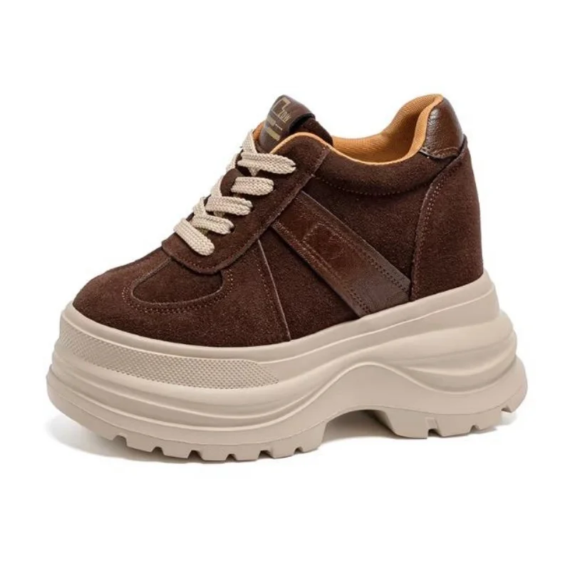 11cm Chunky Platform Sneakers for Fall Spring Heel Height Genuine Leather Suede Elevator Shoes Petite Thick-soled casual shoes