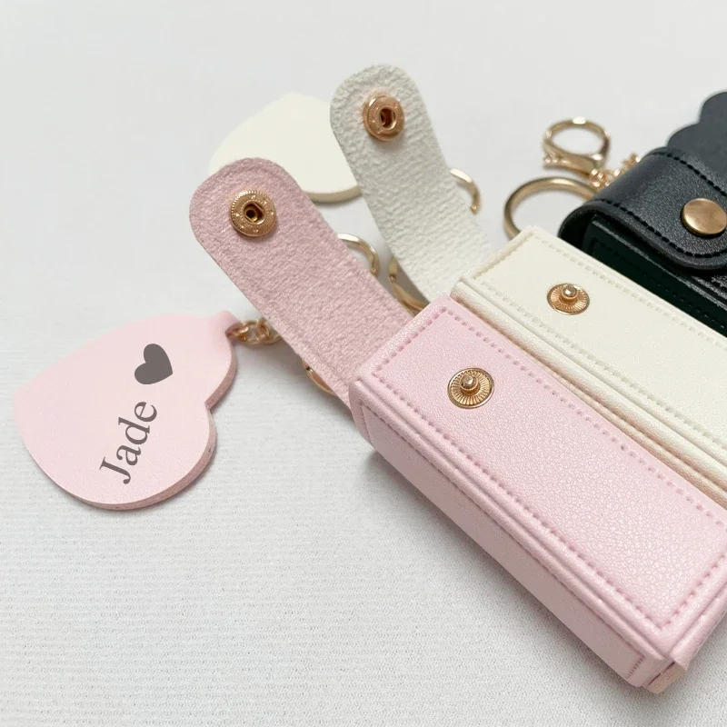 Laser Engrave Heart Key Chain Ring Custom Logo Portable Mirror Lipstick Bag Leather Keychain for Women Personalize Name Keyring