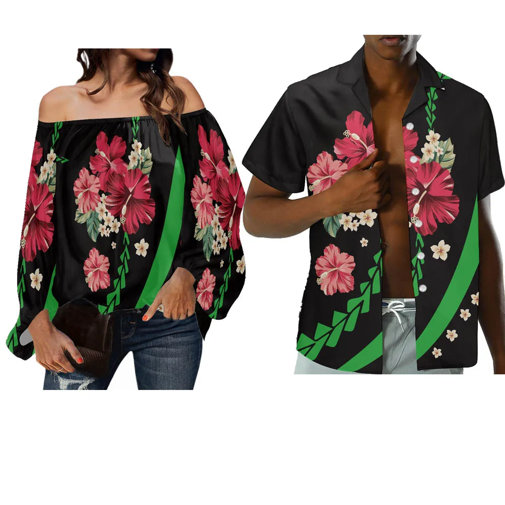 HYCOOL Elegant Polynesian Tapa Tiare Hibiscus Red Pattern Off Shoulder Summer Blouse Tops Lantern Sleeve Blouses & Shirts Womenn