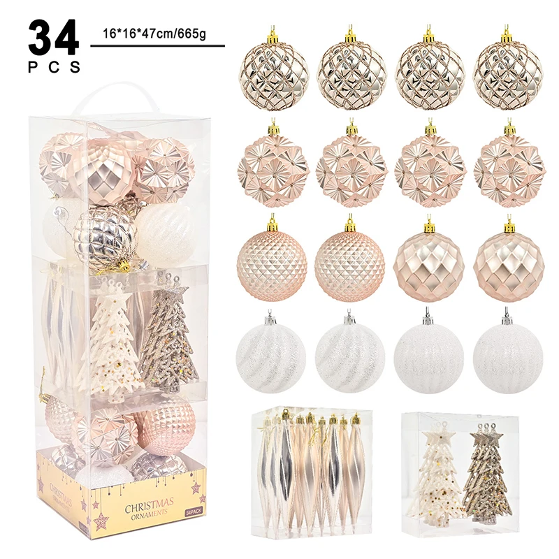 34PCS Christmas Ball Ornaments Set Shatterproof Seasonal Hanging Decorations with Reusable Hand-held Gift Package for Xmas Tree