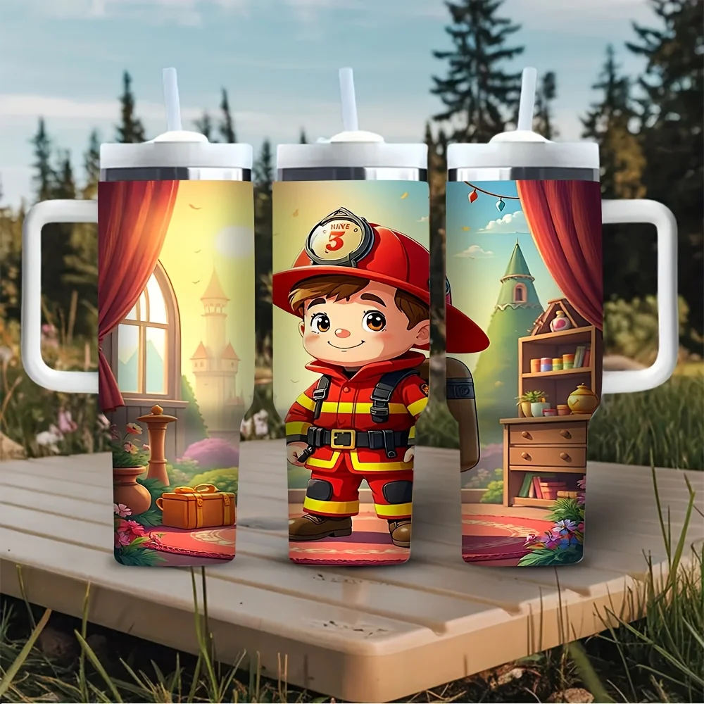 40oz Tumbler with Handle, Cute Cartoon Little Fireman Print, Suitable for Firefighting Enthusiasts, Fits All Seasons, Ideal for Outdoor Travel And Daily Use, Holds Both Hot And Cold Drinks
