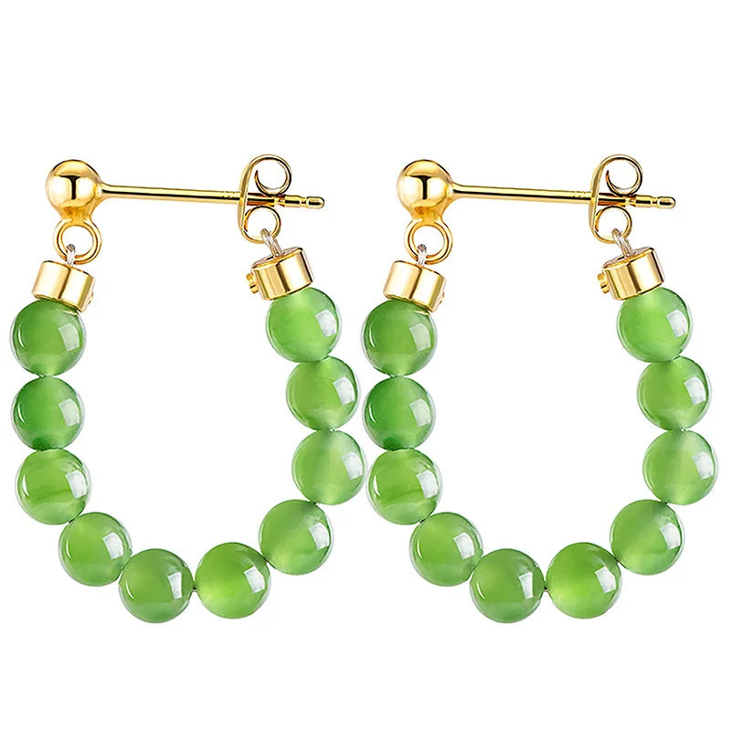 Authentic Old Material Spinach Green Natural Hotan Jade Bead Chain Earrings S925 Silver Inlaid Temperament Women's Earrings
