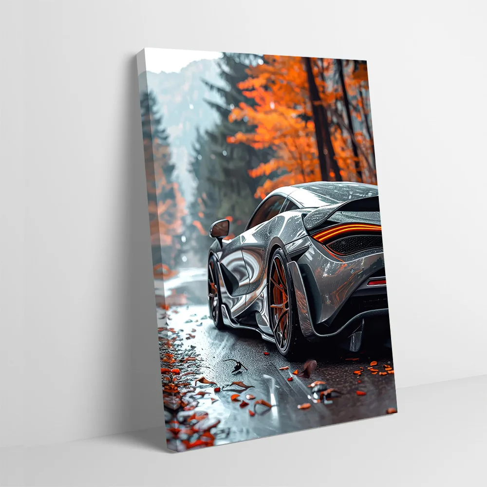 Silver Sports Car in Autumn Poster Customizable Printed Canvas Painting for Pictures Wall Art Bathroom Decor Home and Decoration