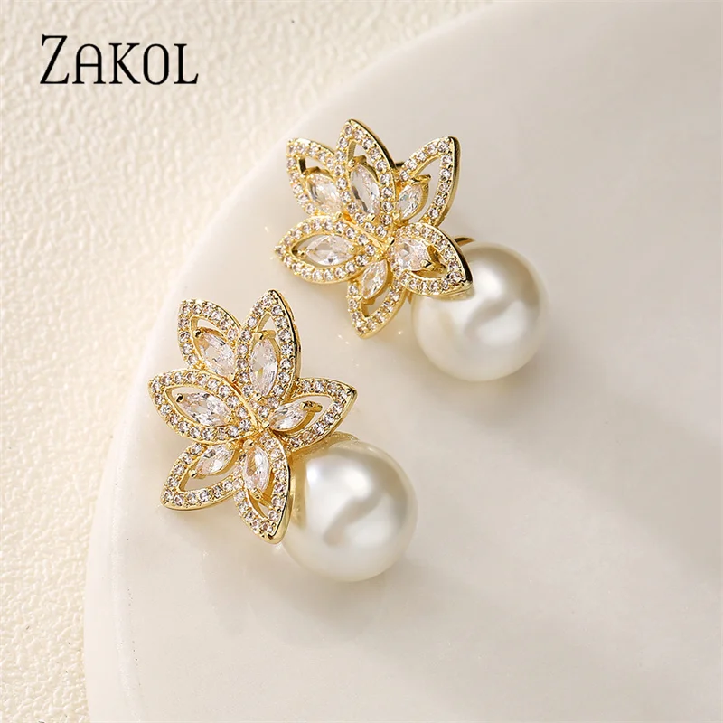 ZAKOL Simulated Pearl Stud Earrings Exquisite Cubic Zircon Earring for Elegant Women Bridal Wedding Jewelry EP185