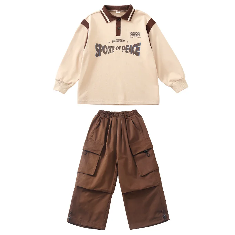 Kid Hip Hop Clothing Beige Polo Neck Sweatshirt Top Casual Wide Flap Pockets Cargo Pants for Girl Boy Jazz Dance Costume Clothes