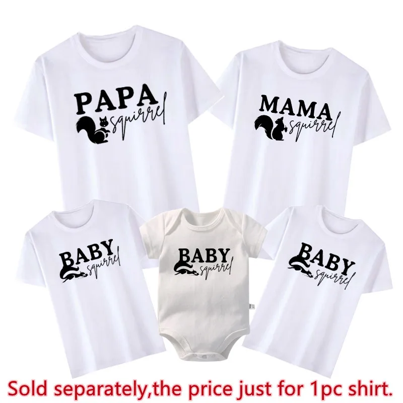 New Papa Mama Baby Squirrel Print Family Shirts Cotton Macthing Dad Mom Kids Tshirt Baby Rompers Funny Family Look Outfits