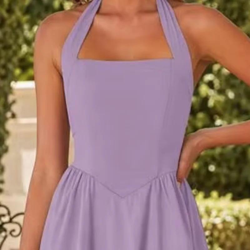 

Women's Halter Midi Dress, Casual A-line Dress Summer Backless A-Line Long Dress, Square Neck Vacation Beach Sundress
