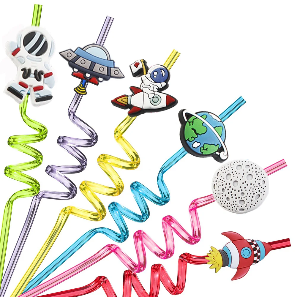 

24pcs Outer Space Straws Party Favors for Theme Birthday Party Supplies Solar System Rocket Spaceship Astronaut Satellite Planet