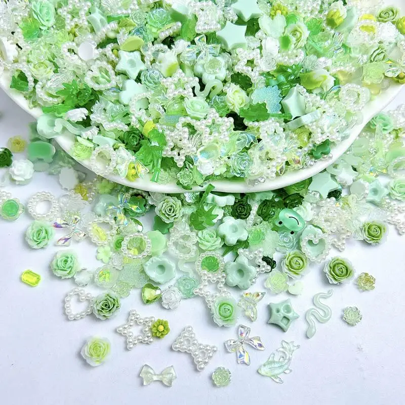 ネイルアートアクセサリー,グリーンシリーズ,透明椿,竹,グラデーションボウ,ミックス樹脂,チャーム,DIYパーツ,ノベルティ