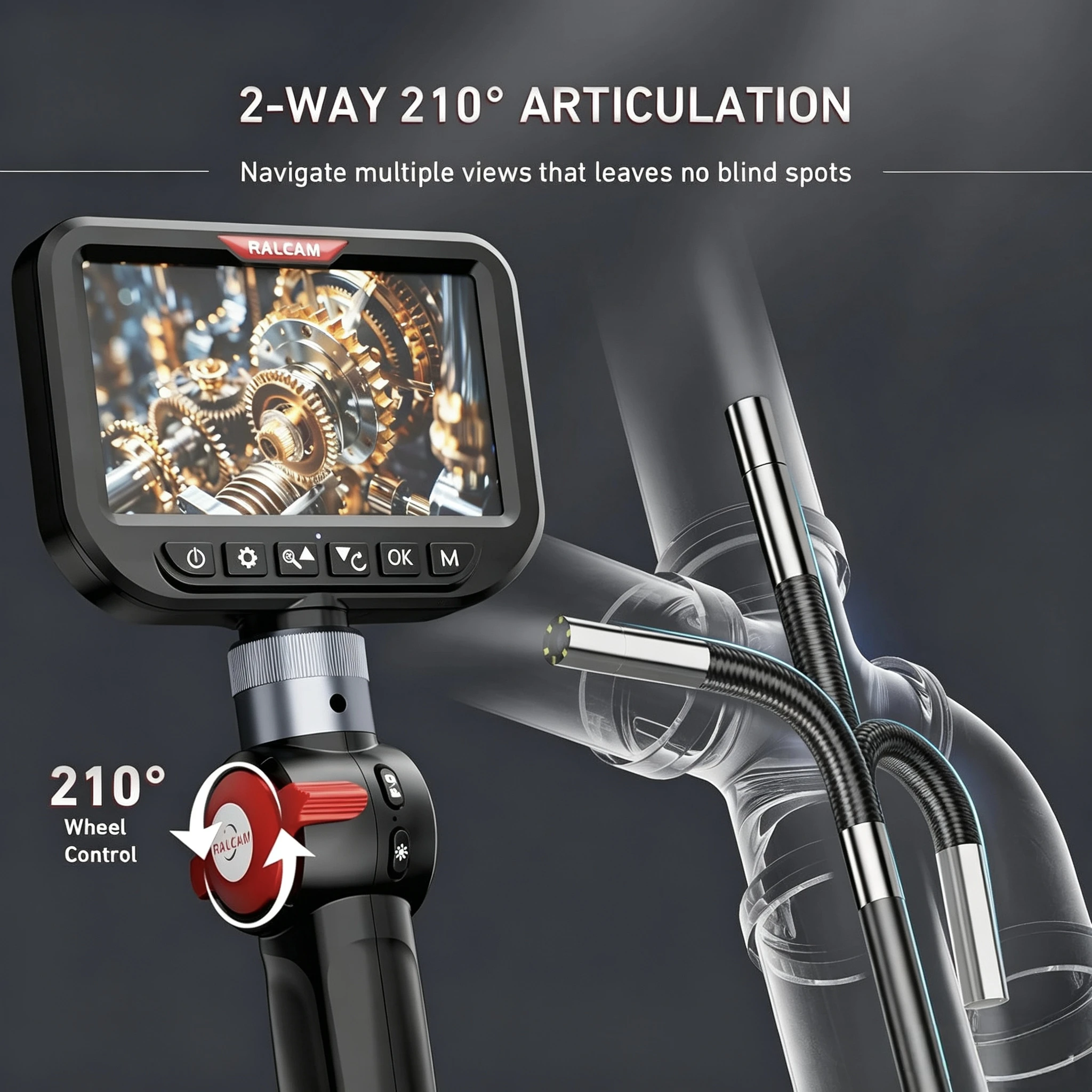 3.9/6mm 360° 2‑Way Endoscope Camera for Auto Repair Sewer Inspection 5 Inch HD Screen Waterproof Oilproof High Temp Protection