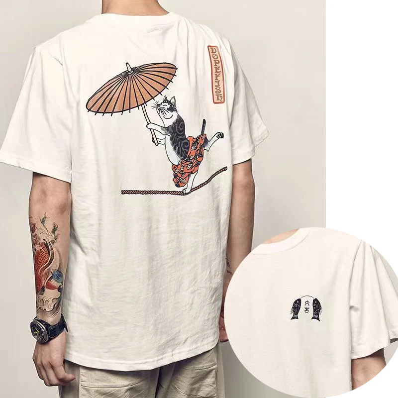 New Summer Men Fashion T-Shirt Cotton Tops Tees Male Cat Japanese Anime Print Clothing Short Sleeve Streetwear Harajuku T-Shirt