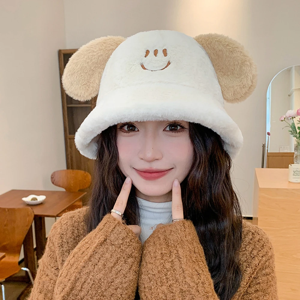 

New Thick Plush Ears Dog Fishing Hat Warm Ear Protection and Cold Prevention Basin Caps Cute Face Showing Bucket Hats for Women