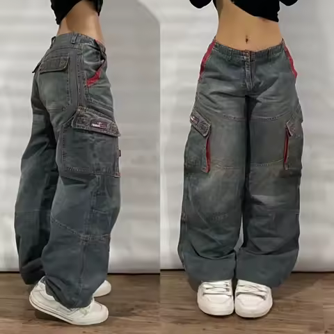 Y2K New Fashion Big Pocket Loose Jeans Men Streetwear Vintage Hip-hop Popular Casual Joker High-waisted Couple Wide-leg Pants.