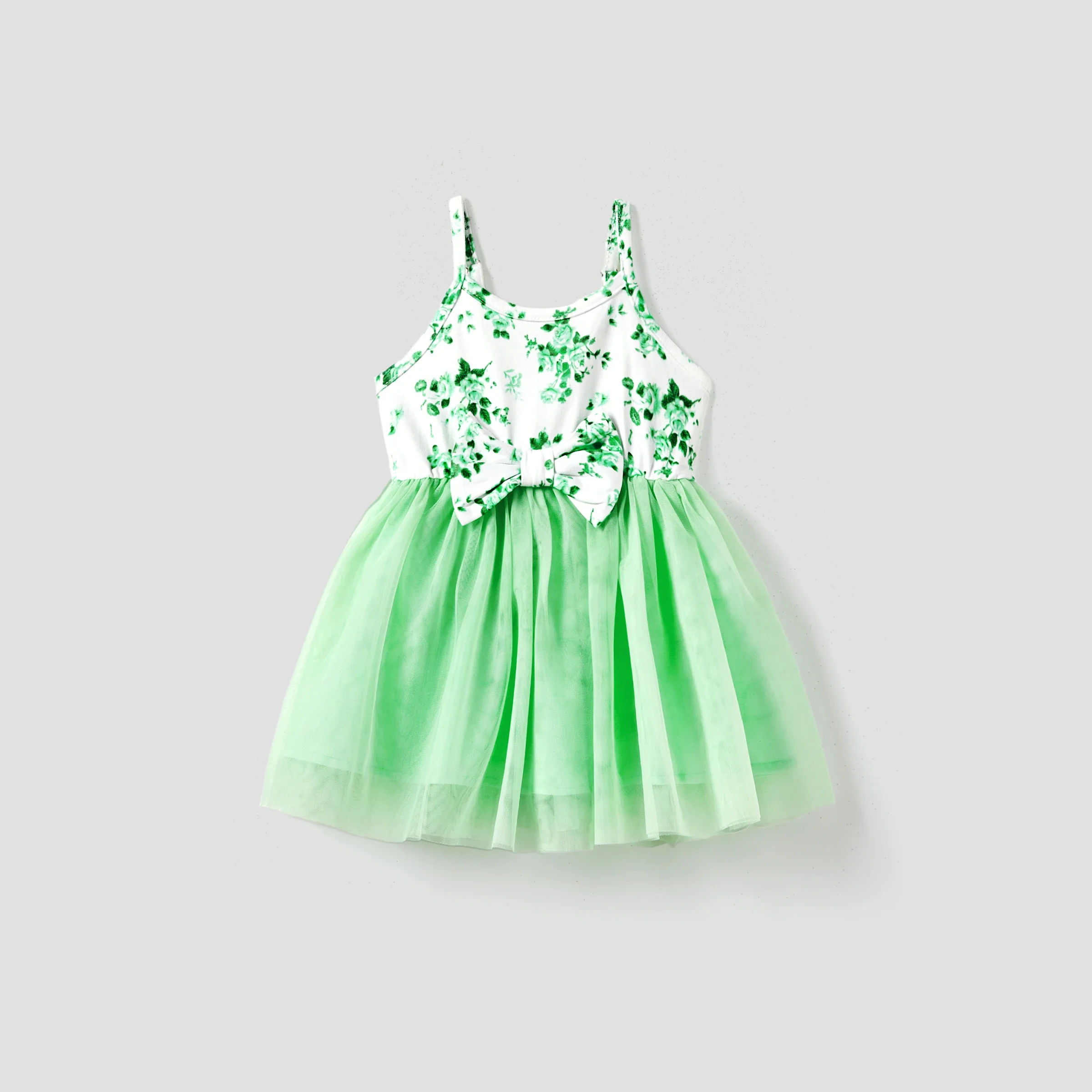PatPat Mommy and Me Green Floral Ruched Bodycon Strap Dress or Spliced Mesh Strap Dress Suitable for Summer Season