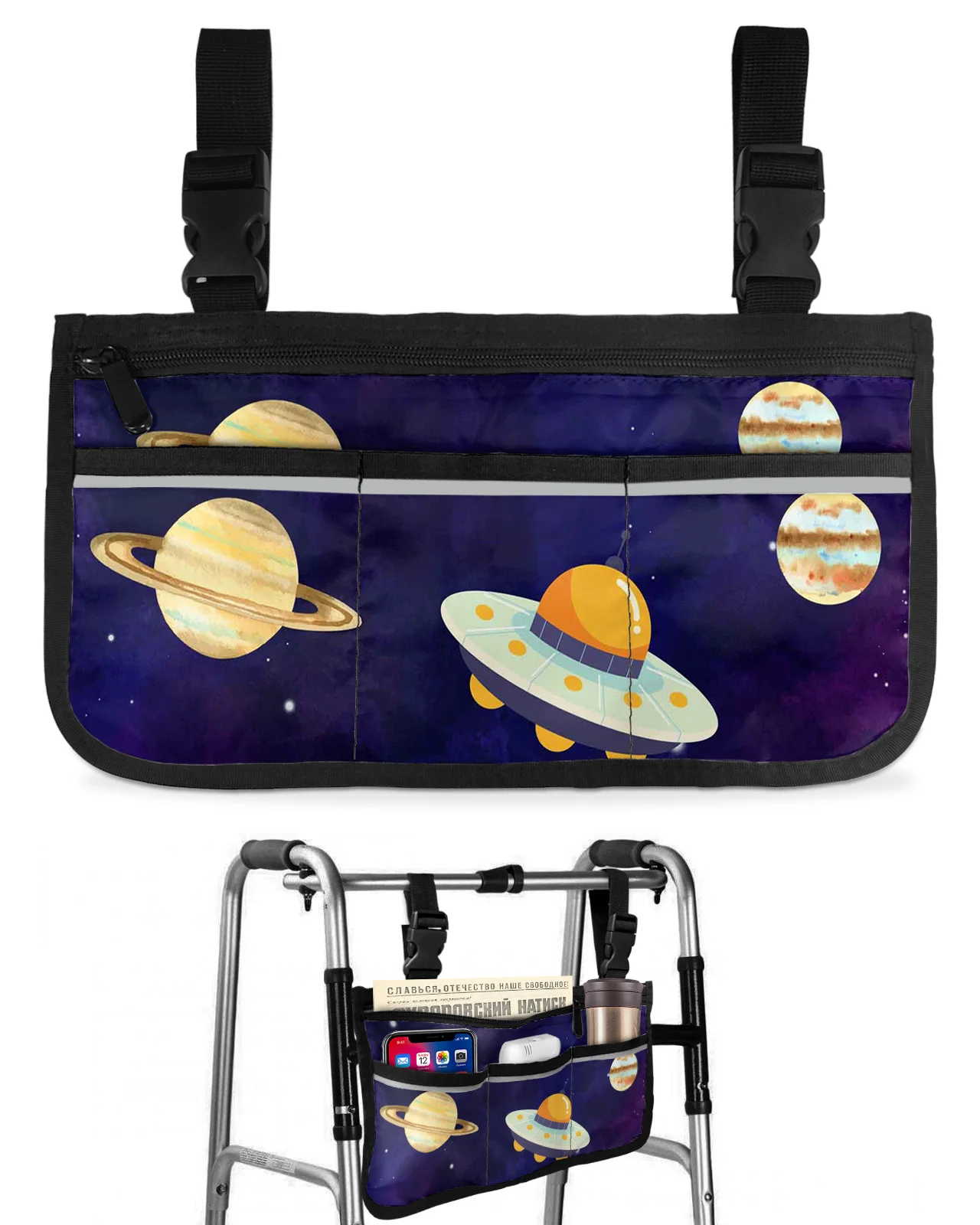 Universe Starry Space Planet Wheelchair Bag With Pockets Armrest Side Bags Electric Scooter Walking Frame Storage Pouch