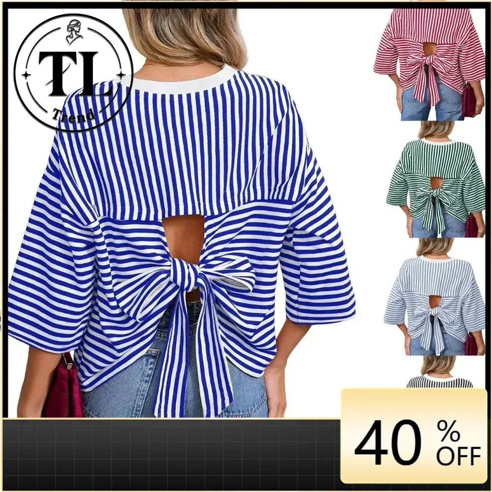 Women Striped Crew Neck Blouse Back Cutout Tie Bow Short Sleeve Loose Fit Casual Top Soft Breathable Flattering Daily Party