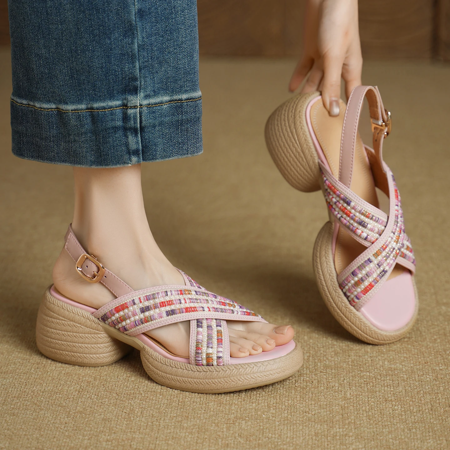 

New Chunky Heels Women Sandals,Vintage Thick Sole Gladiator High Heels,Fashion Platform Summer Women Shoes
