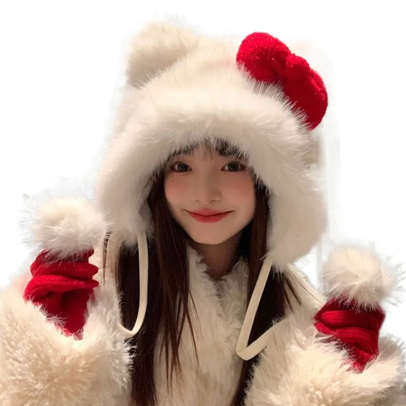 

Hello Kitty мультяшный персонаж с бантом, защитная шапка для ушей, милая кавайная утолщенная теплая и холодная шапка, оптовая продажа, праздничный подарок, новый стиль