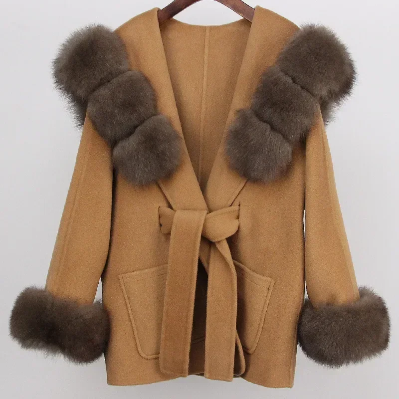 MENINA nuovo autunno inverno stile coreano moda Versatile cinturino allentato con cappuccio collo di pelliccia di volpe cappotto di lana a doppia