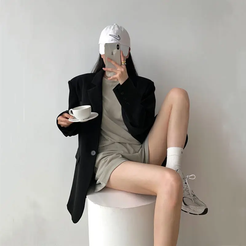 سترة Ruxueer فضفاضة غير رسمية للنساء لربيع الخريف متعددة الاستخدامات باللون الأسود بدلة صغيرة أنيقة