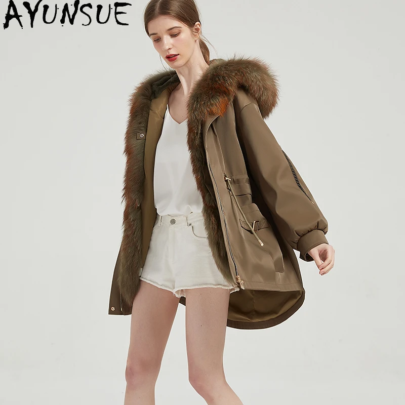 AYUNSUE Rex Rabbit Fur Coat Mid-long Real Fur Parka Women Winter Clothes Warm Raccoon Fur Collar New in Coats Пальто Женское