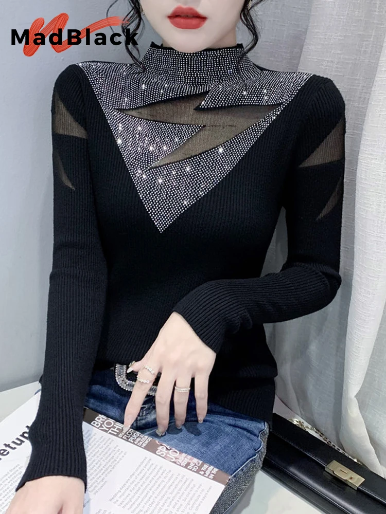 

MadBlack European Clothes Sweaters Women Sexy Mock Neck Diamonds Slim Knit Top Long Sleeve Pullovers Spring Fall New T39824JC