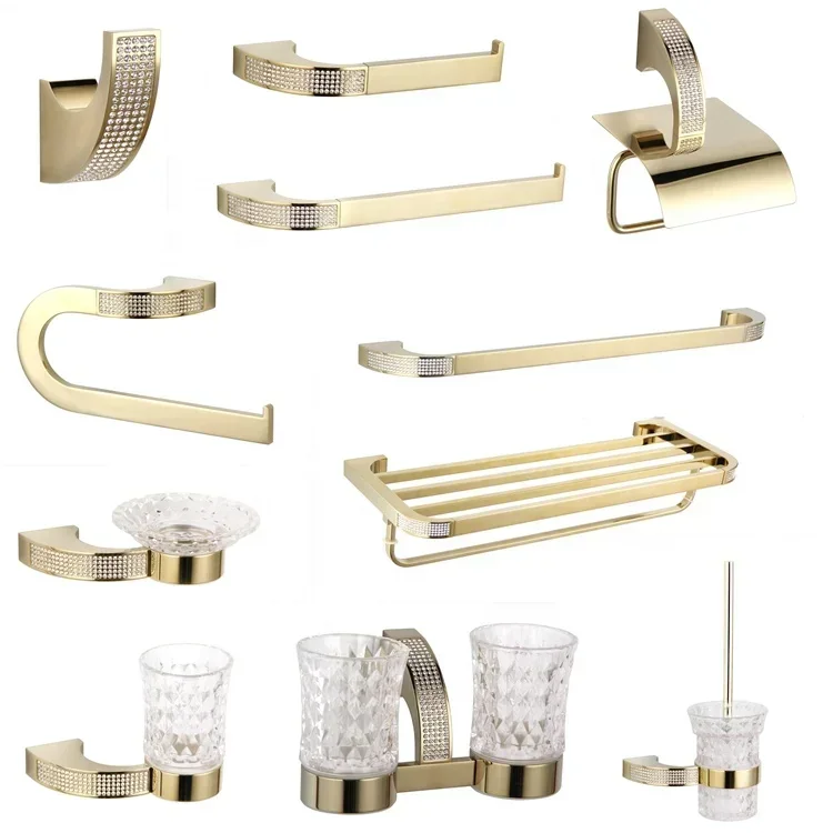

Used for Crystal Brushed Gold Bathroom Hardware Sets Bathrobes Hooks Towel Racks Brass Bathroom Accessories