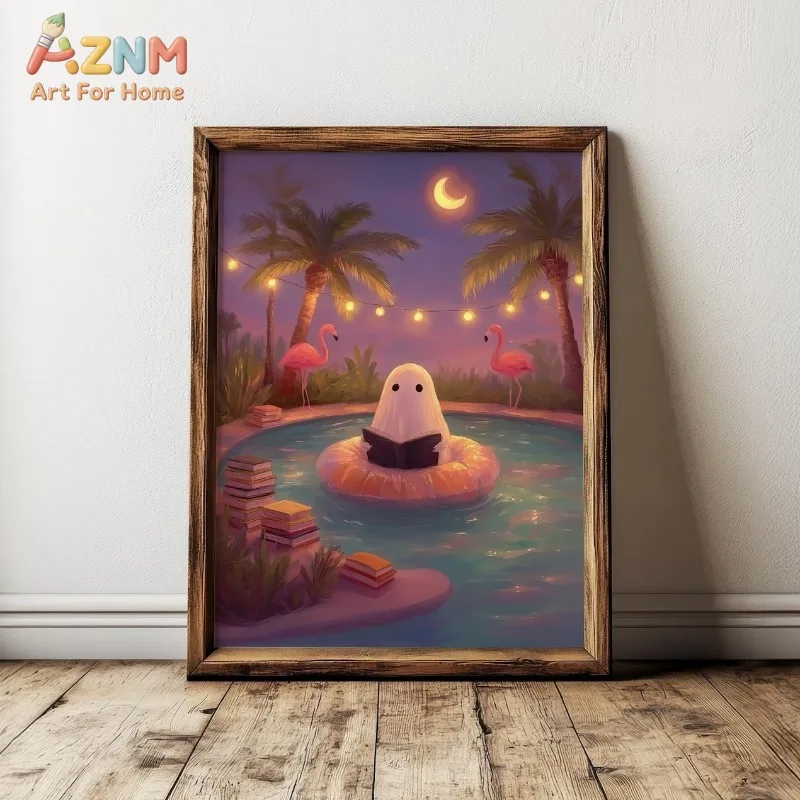Tropical Night Ghost Reading Book Pool Flamingo Palm Crescent Moon Halloween Canvas Poster Prints Frameless Wall Art Decorations